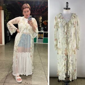 451B-CREAM. Floral Long Mesh Ruffled Cardigan